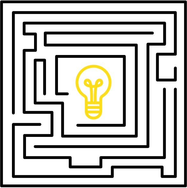 Graphic of a maze with a lightbulb in the center.